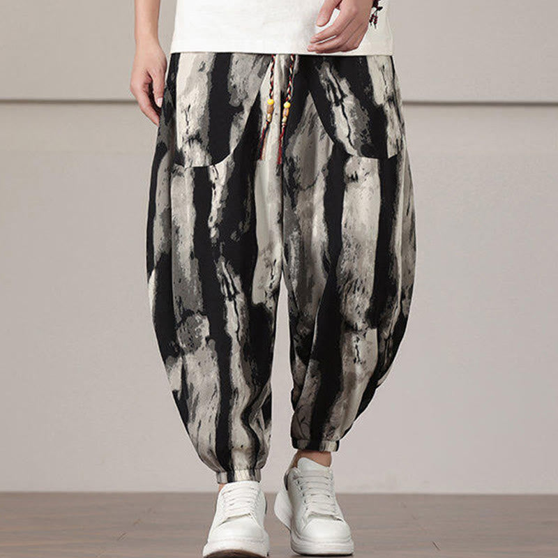Nimara Ritual Stripe Pattern Drawstring Men's Harem Pants With Pockets