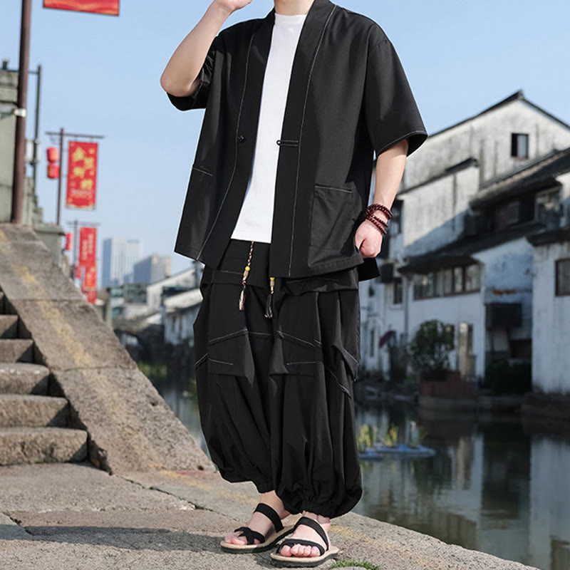 Nimara Ritual 2Pcs Black Frog-Button Cotton Men's Kimono Jacket Drawstring Wide Leg Pants With Pockets