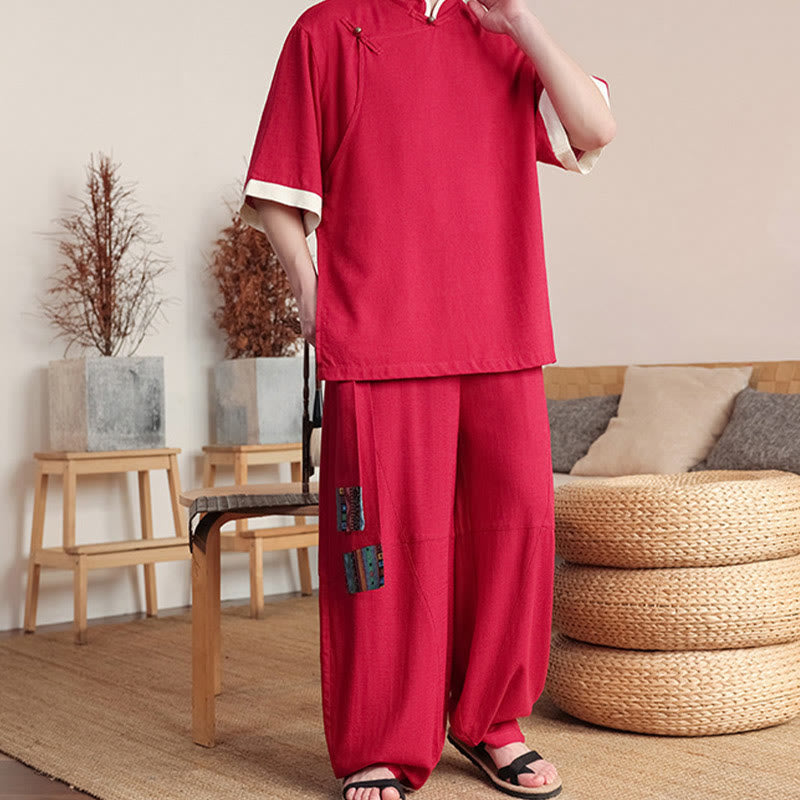 Nimara Ritual 2Pcs Chinese Frog-button Men's Shirt Wide Leg Pants Meditation Cloth Set