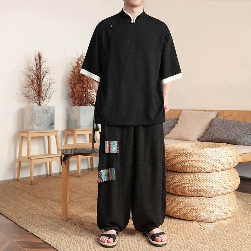 Nimara Ritual 2Pcs Chinese Frog-button Men's Shirt Wide Leg Pants Meditation Cloth Set