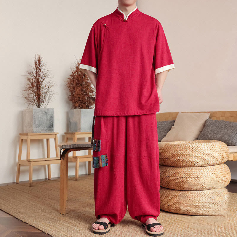Nimara Ritual 2Pcs Chinese Frog-button Men's Shirt Wide Leg Pants Meditation Cloth Set