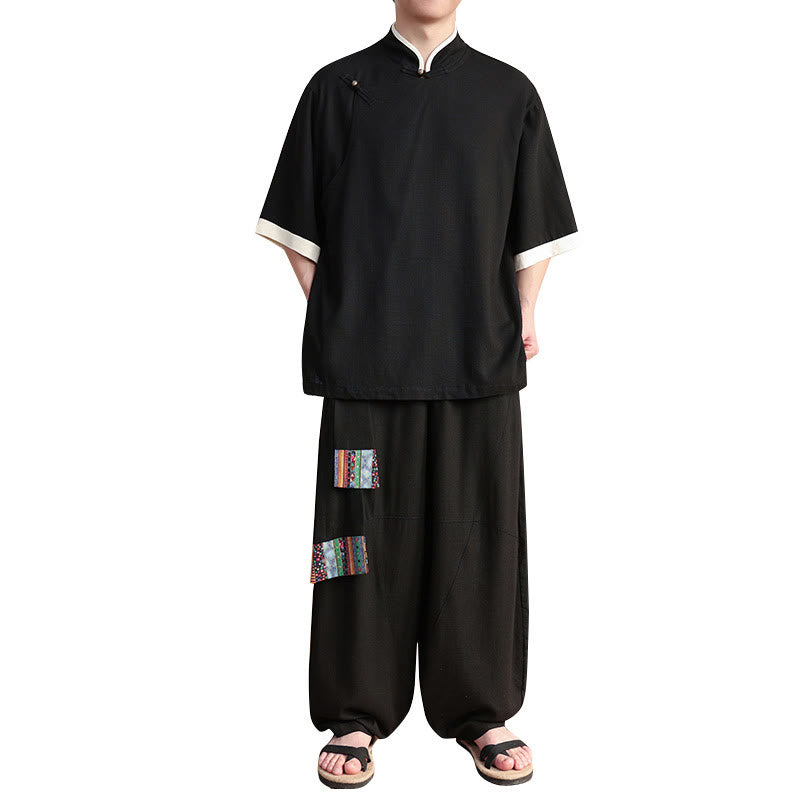 Nimara Ritual 2Pcs Chinese Frog-button Men's Shirt Wide Leg Pants Meditation Cloth Set
