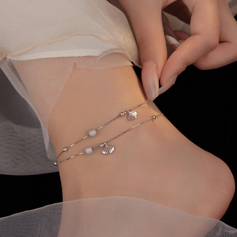 Nimara Ritual 925 Sterling Silver Ginkgo Leaf Double Layer Protection Anklet