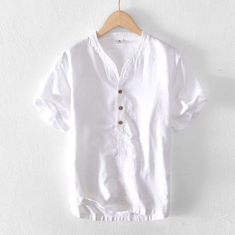 Nimara Ritual Summer Stand Collar Short Sleeve Cotton Linen Half Button Men's Shirt