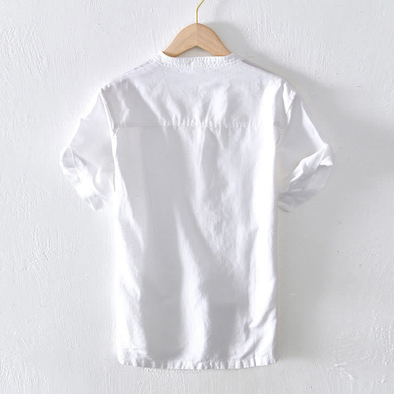 Nimara Ritual Summer Stand Collar Short Sleeve Cotton Linen Half Button Men's Shirt