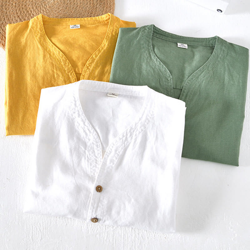 Nimara Ritual Summer Stand Collar Short Sleeve Cotton Linen Half Button Men's Shirt