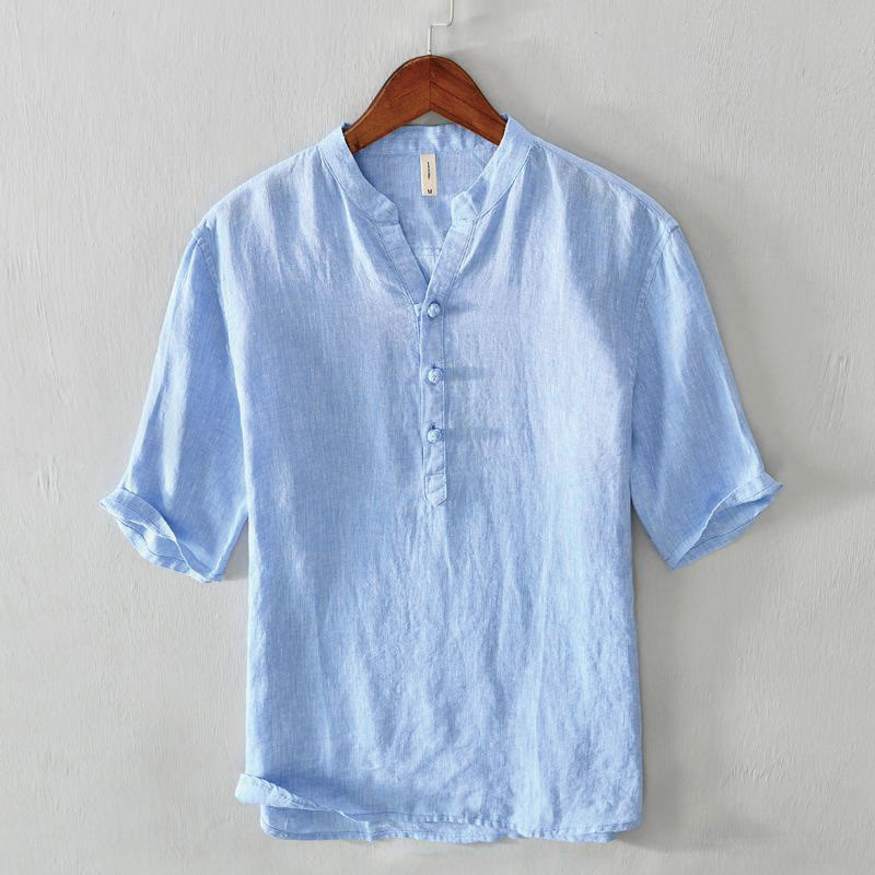 Nimara Ritual Daily Solid Color Stand Collar Half Sleeve Linen Half Button Men's Shirt