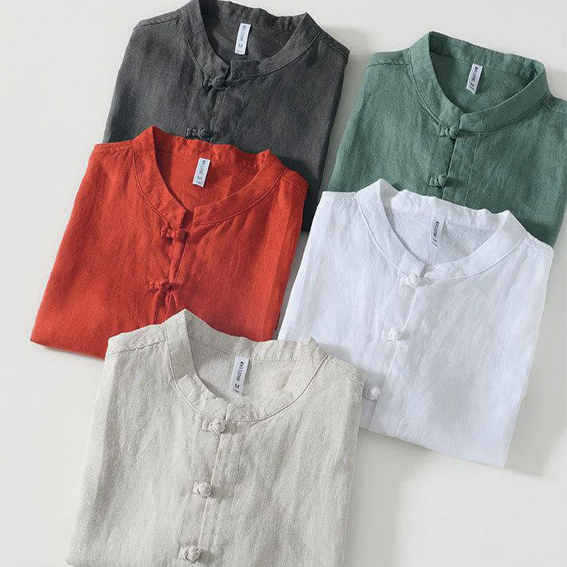 Nimara Ritual Daily Frog-Button Stand Collar Short Sleeve Linen Men's Shirt