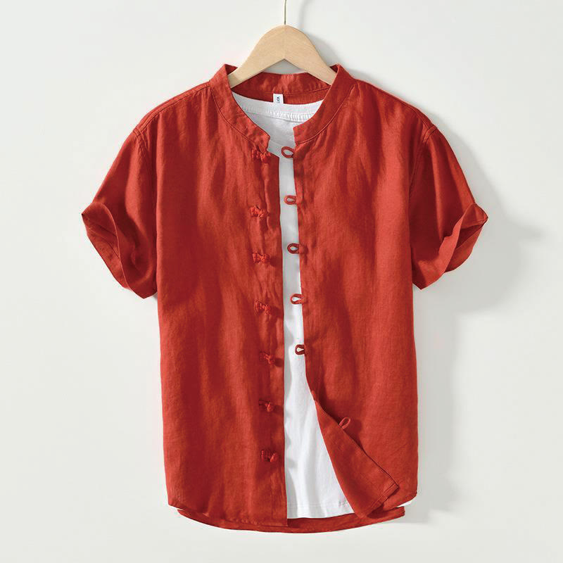 Nimara Ritual Daily Frog-Button Stand Collar Short Sleeve Linen Men's Shirt