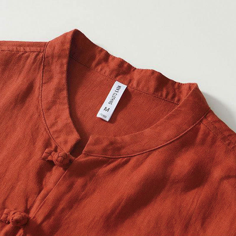 Nimara Ritual Daily Frog-Button Stand Collar Short Sleeve Linen Men's Shirt