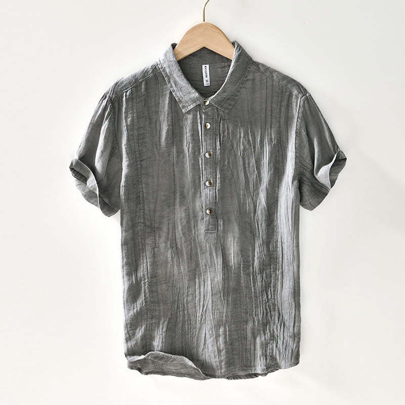 Nimara Ritual Causal Plain Lapel Ramie Linen Half Button Men's Shirt