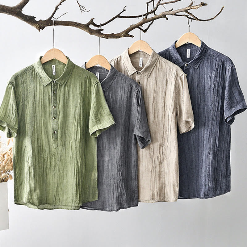 Nimara Ritual Causal Plain Lapel Ramie Linen Half Button Men's Shirt