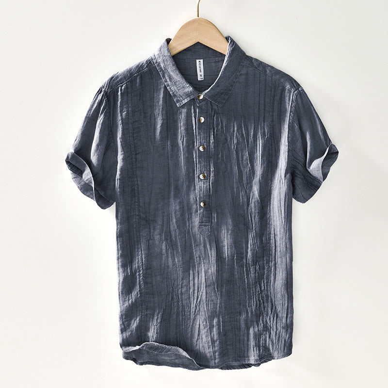 Nimara Ritual Causal Plain Lapel Ramie Linen Half Button Men's Shirt