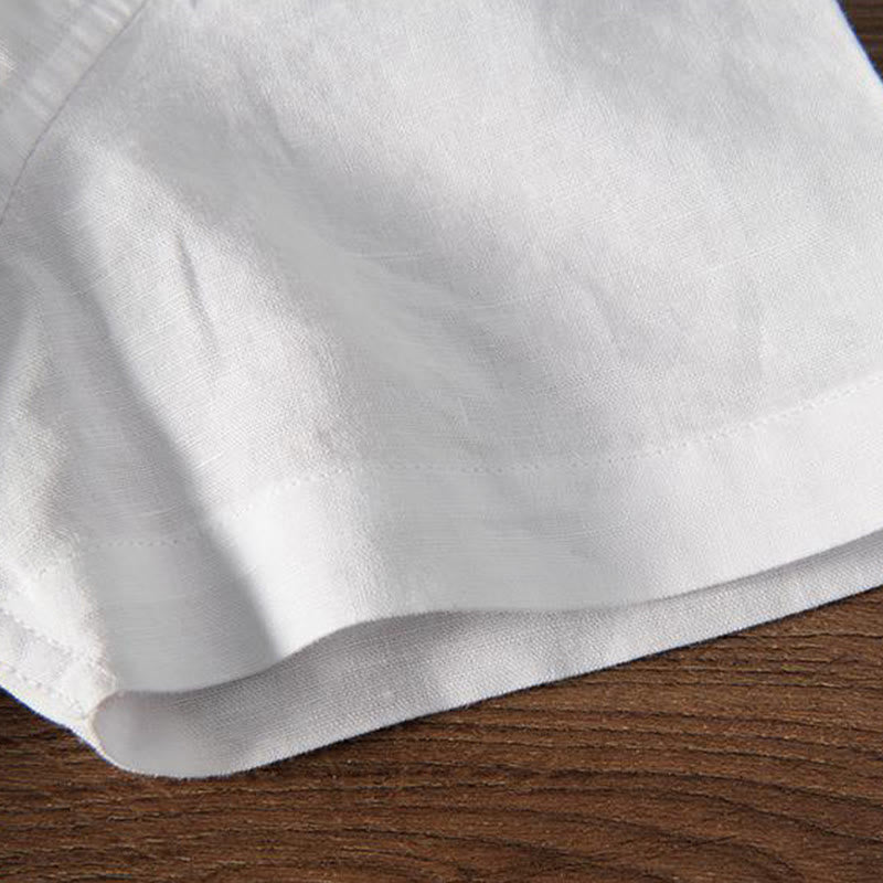 Nimara Ritual Soft Embroidery Crane Pattern Stand Collar Cotton Linen Half Button Men's Shirt