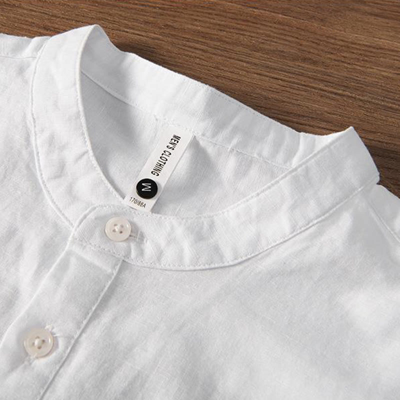 Nimara Ritual Soft Embroidery Crane Pattern Stand Collar Cotton Linen Half Button Men's Shirt