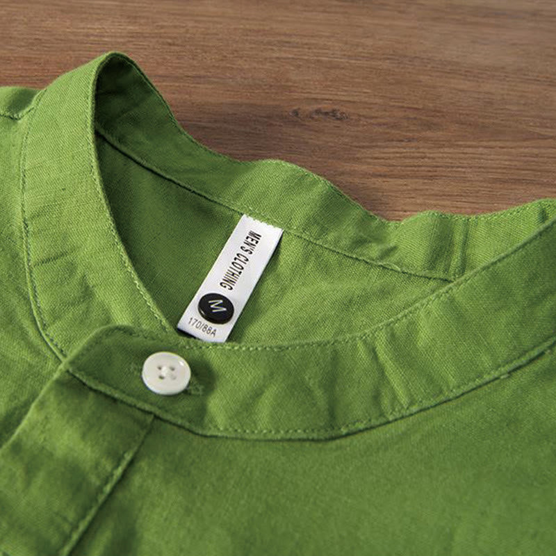 Nimara Ritual Soft Embroidery Crane Pattern Stand Collar Cotton Linen Half Button Men's Shirt