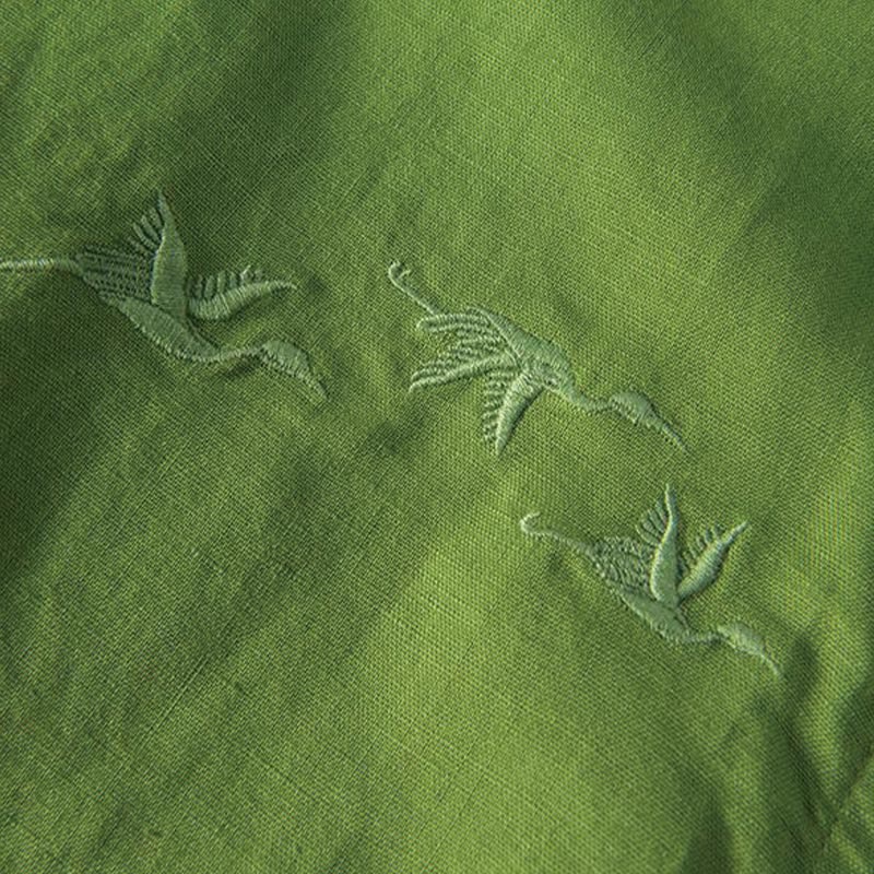 Nimara Ritual Soft Embroidery Crane Pattern Stand Collar Cotton Linen Half Button Men's Shirt