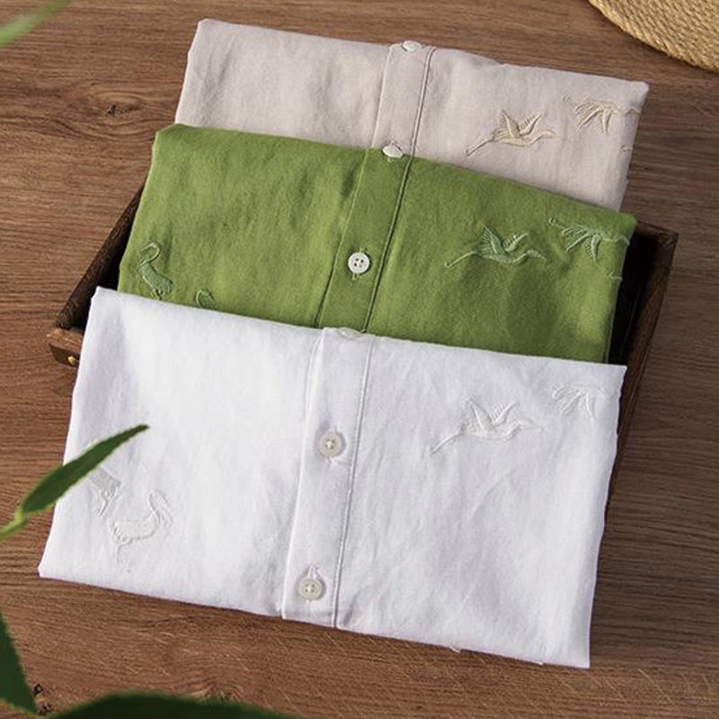Nimara Ritual Soft Embroidery Crane Pattern Stand Collar Cotton Linen Half Button Men's Shirt