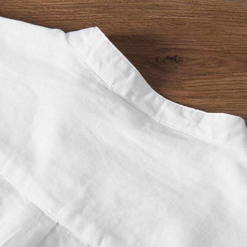 Nimara Ritual Soft Embroidery Crane Pattern Stand Collar Cotton Linen Half Button Men's Shirt