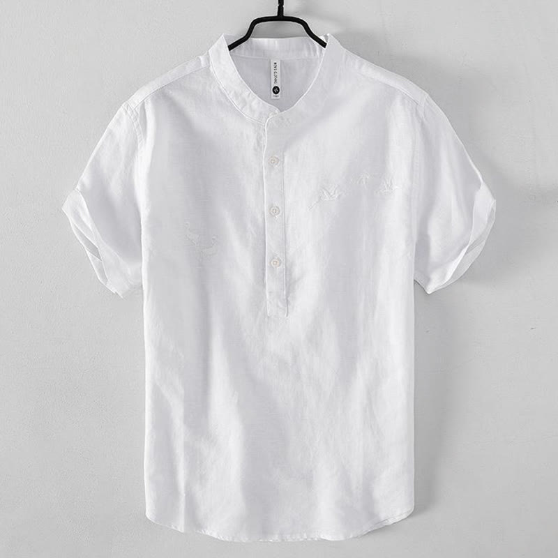 Nimara Ritual Soft Embroidery Crane Pattern Stand Collar Cotton Linen Half Button Men's Shirt