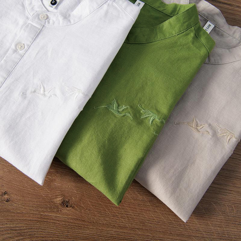 Nimara Ritual Soft Embroidery Crane Pattern Stand Collar Cotton Linen Half Button Men's Shirt