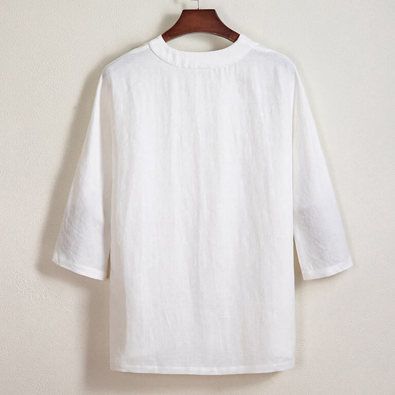 Nimara Ritual White Frog-button Linen Three Quarter Sleeve Men's Shirt