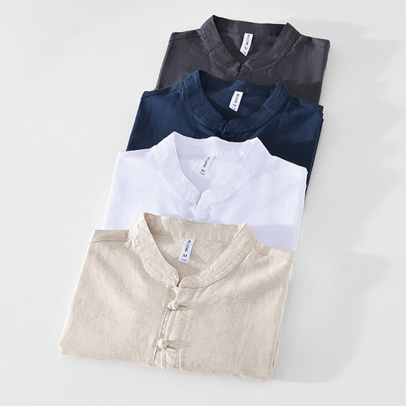 Nimara Ritual Soft Plain Frog-button Crew Neck Cotton Linen Half Button Men's Shirt