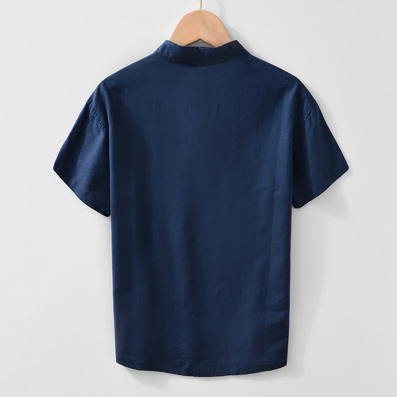 Nimara Ritual Soft Plain Frog-button Crew Neck Cotton Linen Half Button Men's Shirt