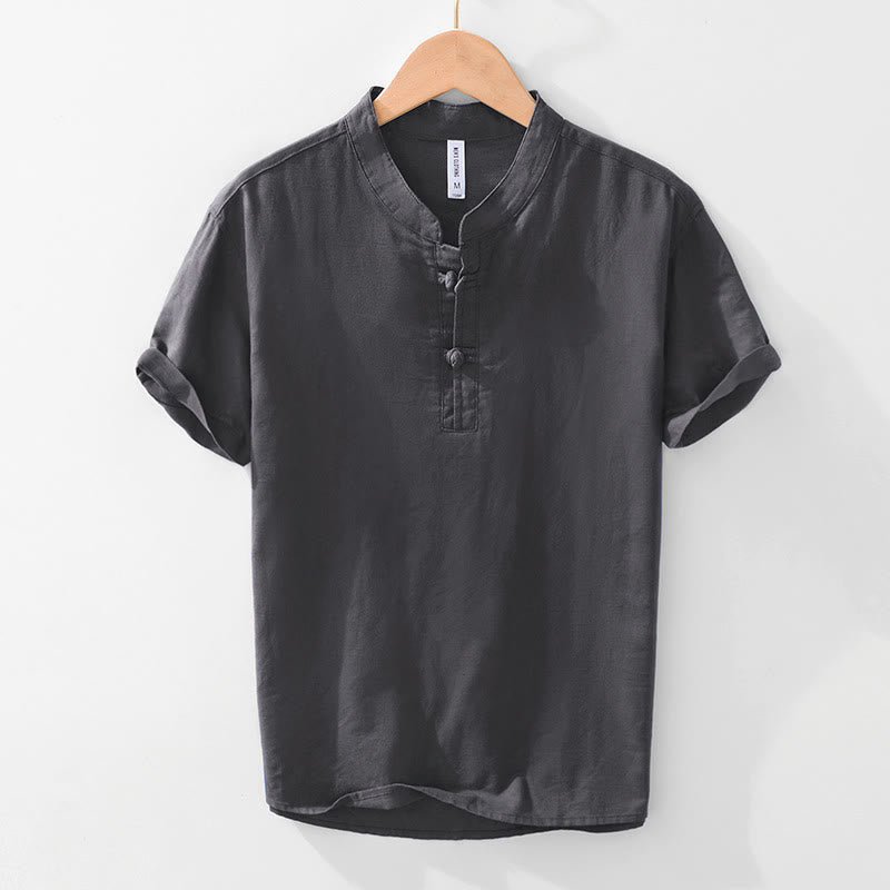 Nimara Ritual Soft Plain Frog-button Crew Neck Cotton Linen Half Button Men's Shirt