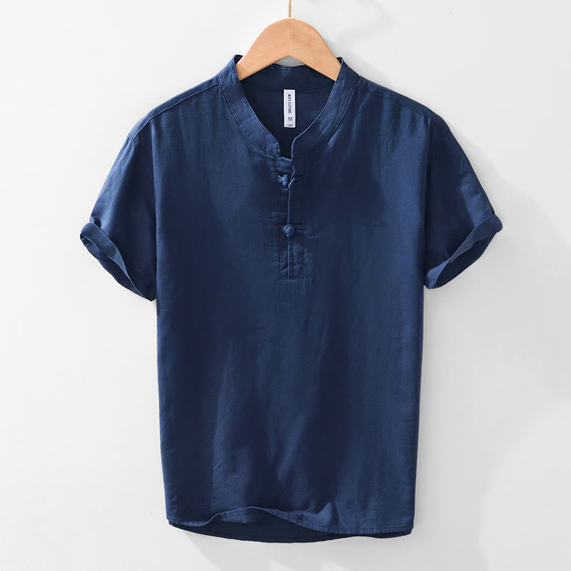 Nimara Ritual Soft Plain Frog-button Crew Neck Cotton Linen Half Button Men's Shirt