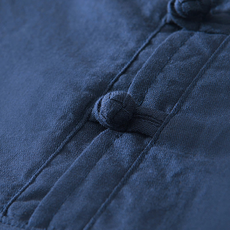 Nimara Ritual Soft Plain Frog-button Crew Neck Cotton Linen Half Button Men's Shirt