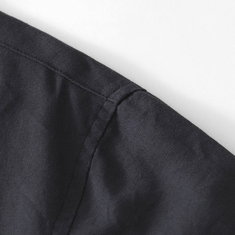 Nimara Ritual Soft Plain Frog-button Crew Neck Cotton Linen Half Button Men's Shirt