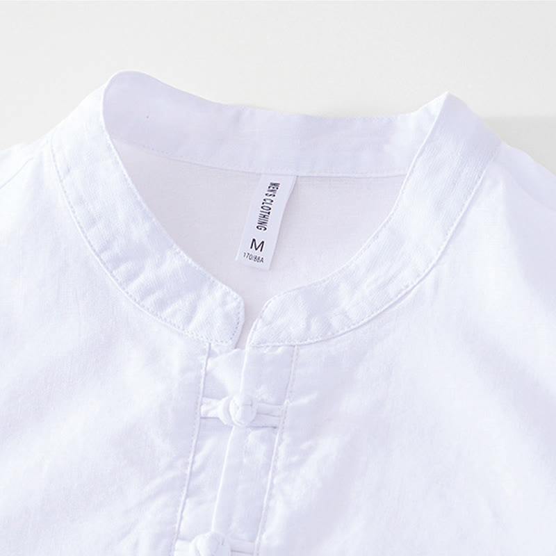 Nimara Ritual Soft Plain Frog-button Crew Neck Cotton Linen Half Button Men's Shirt