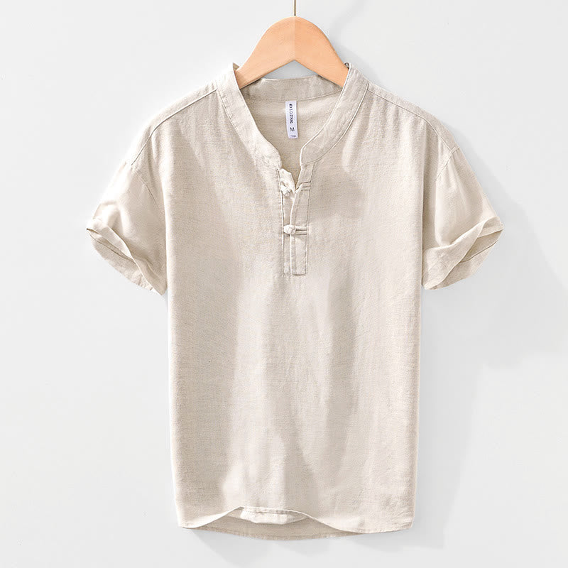 Nimara Ritual Soft Plain Frog-button Crew Neck Cotton Linen Half Button Men's Shirt