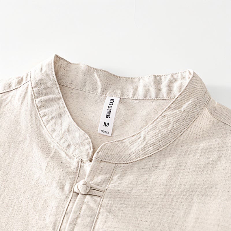 Nimara Ritual Soft Plain Frog-button Crew Neck Cotton Linen Half Button Men's Shirt
