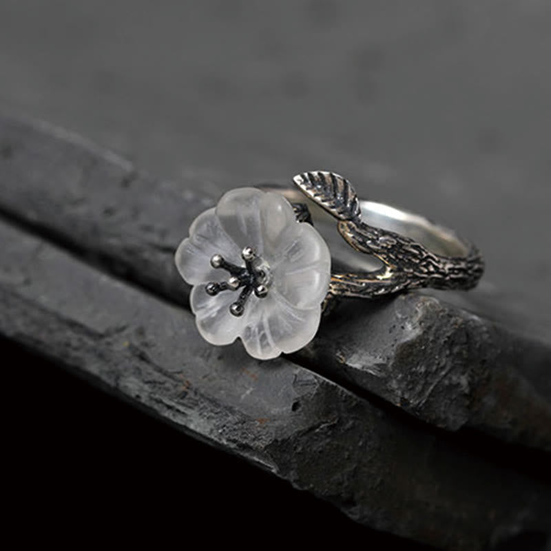 Nimara Ritual 925 Sterling Silver White Crystal Skeleton Flower Adjustable Healing Ring