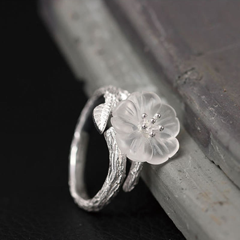 Nimara Ritual 925 Sterling Silver White Crystal Skeleton Flower Adjustable Healing Ring