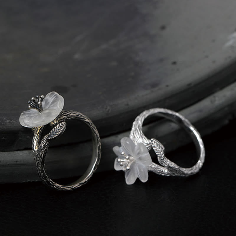 Nimara Ritual 925 Sterling Silver White Crystal Skeleton Flower Adjustable Healing Ring