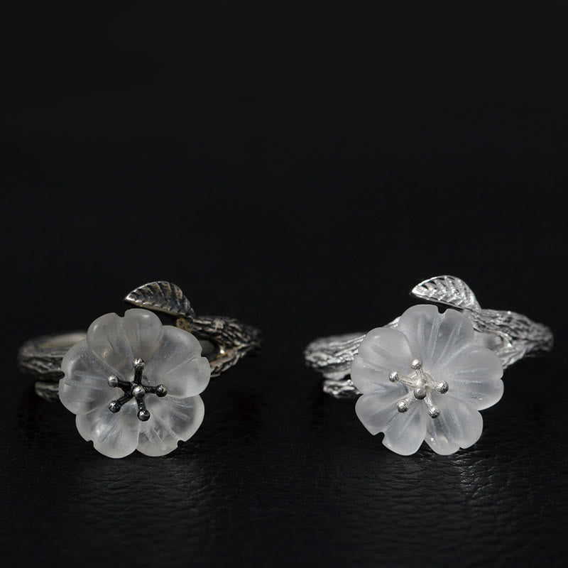 Nimara Ritual 925 Sterling Silver White Crystal Skeleton Flower Adjustable Healing Ring