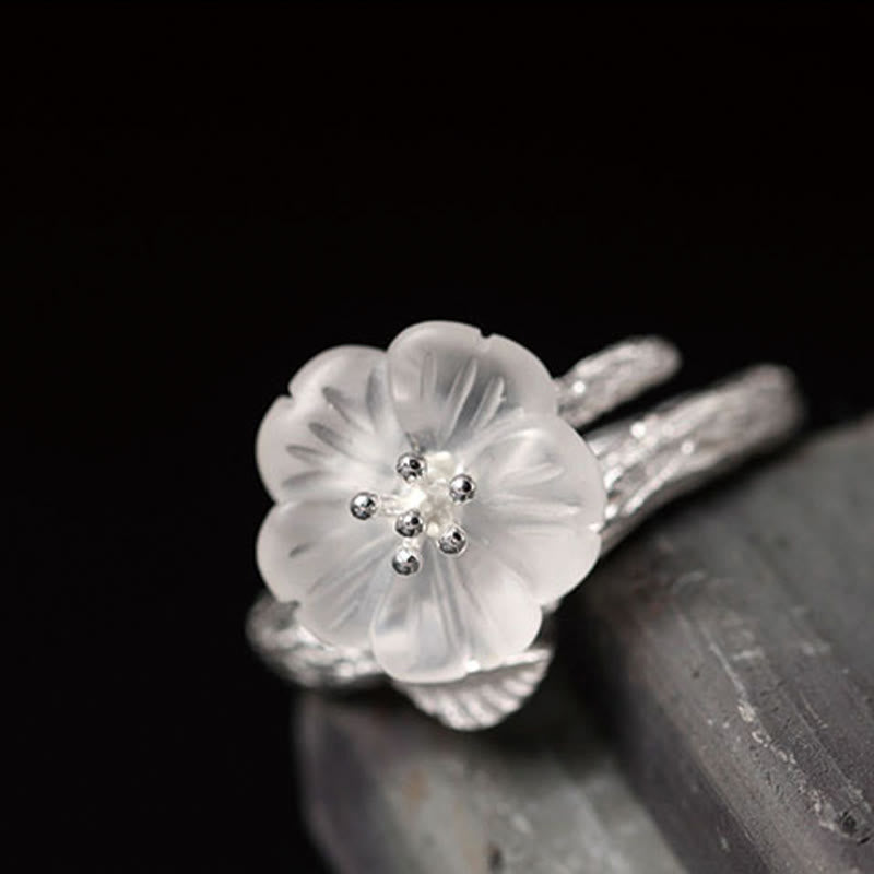 Nimara Ritual 925 Sterling Silver White Crystal Skeleton Flower Adjustable Healing Ring