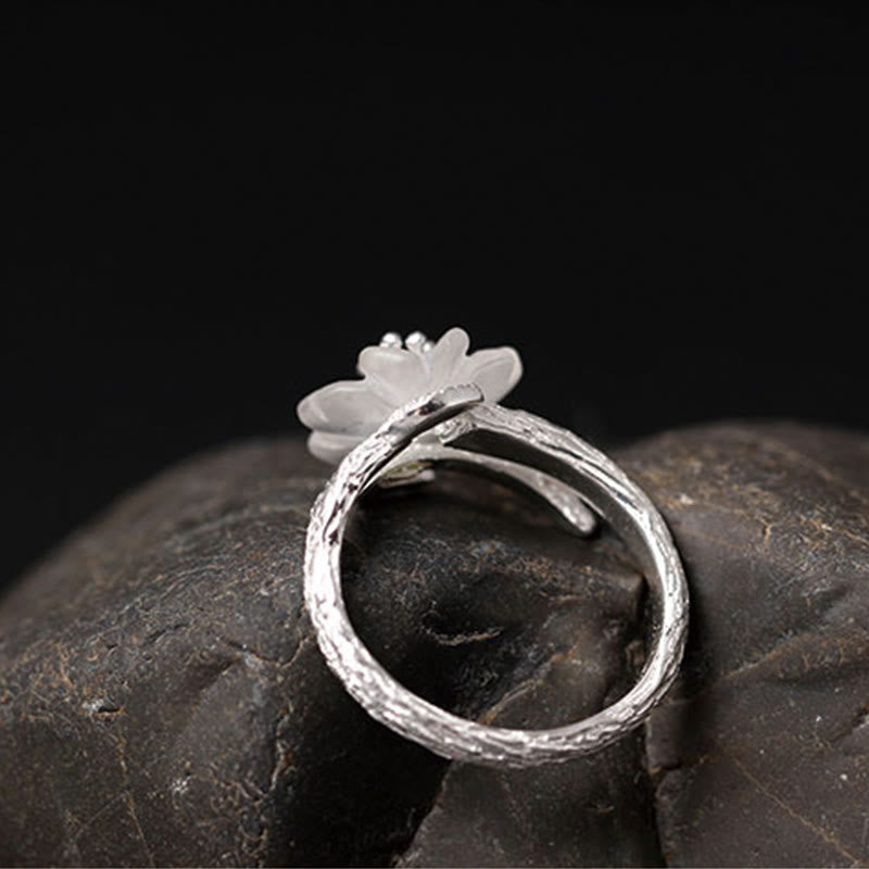 Nimara Ritual 925 Sterling Silver White Crystal Skeleton Flower Adjustable Healing Ring