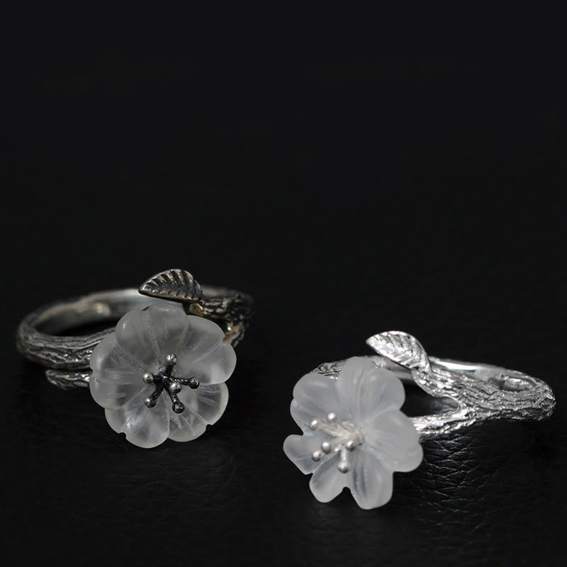 Nimara Ritual 925 Sterling Silver White Crystal Skeleton Flower Adjustable Healing Ring