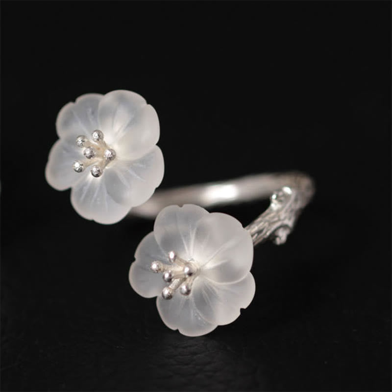 Nimara Ritual 925 Sterling Silver White Crystal Double Plum Blossom Flower Adjustable Protection Ring