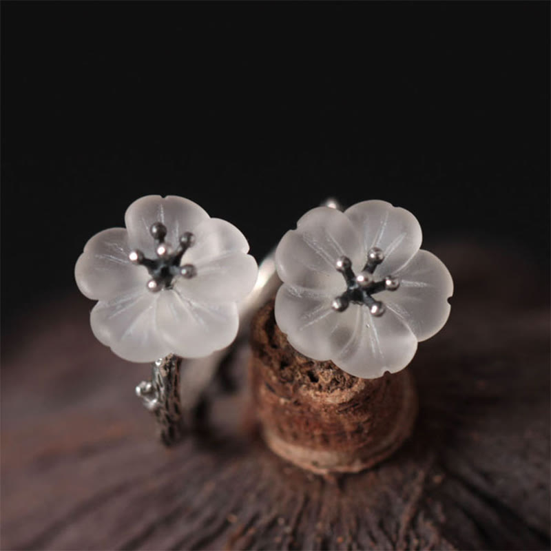 Nimara Ritual 925 Sterling Silver White Crystal Double Plum Blossom Flower Adjustable Protection Ring