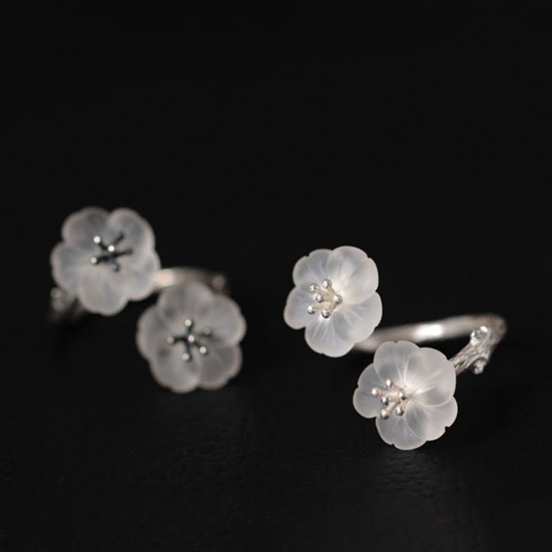 Nimara Ritual 925 Sterling Silver White Crystal Double Plum Blossom Flower Adjustable Protection Ring