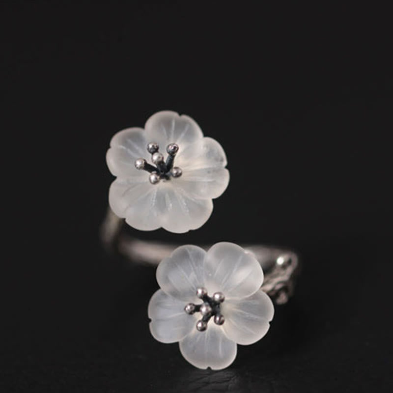 Nimara Ritual 925 Sterling Silver White Crystal Double Plum Blossom Flower Adjustable Protection Ring