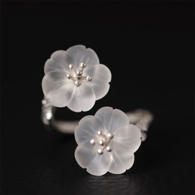 Nimara Ritual 925 Sterling Silver White Crystal Double Plum Blossom Flower Adjustable Protection Ring