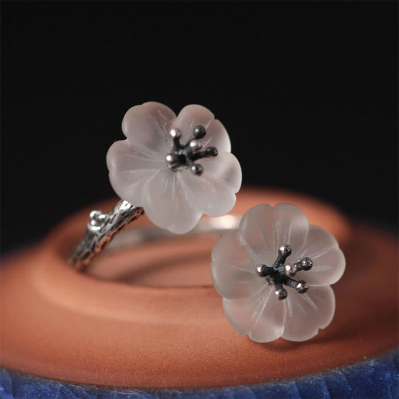 Nimara Ritual 925 Sterling Silver White Crystal Double Plum Blossom Flower Adjustable Protection Ring