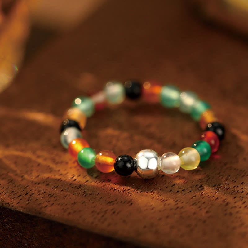 Nimara Ritual 925 Sterling Silver Crystal Beads White Jade Black Onyx Blessing Elastic Ring