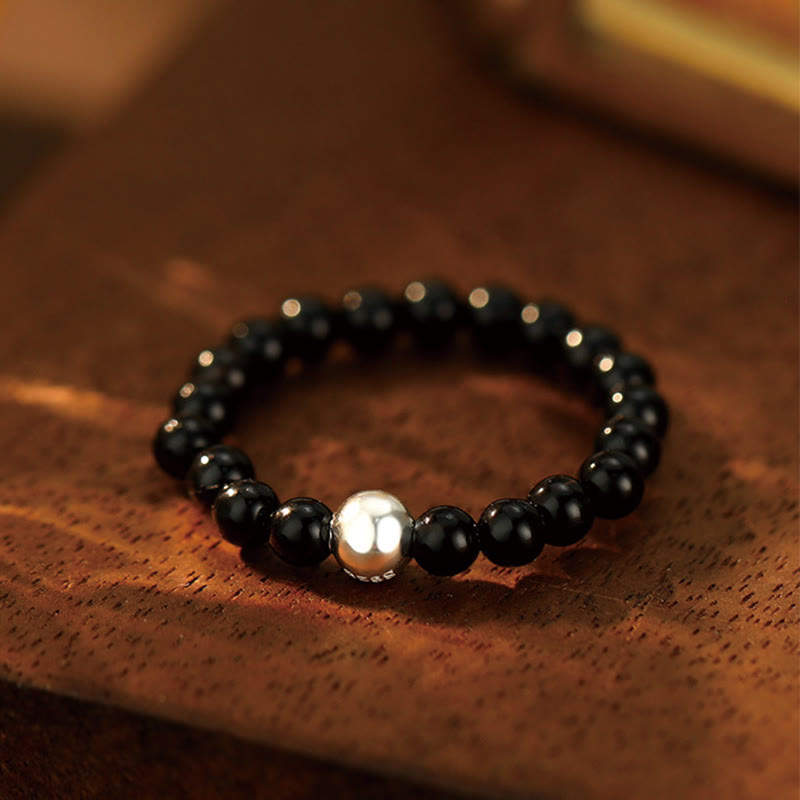 Nimara Ritual 925 Sterling Silver Crystal Beads White Jade Black Onyx Blessing Elastic Ring